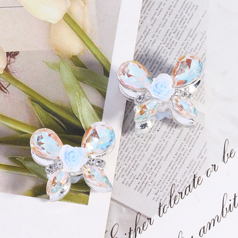 Wholesale 5pcs/pack Heavy alloy rose butterfly rhinestone beads straight hole beads DIY